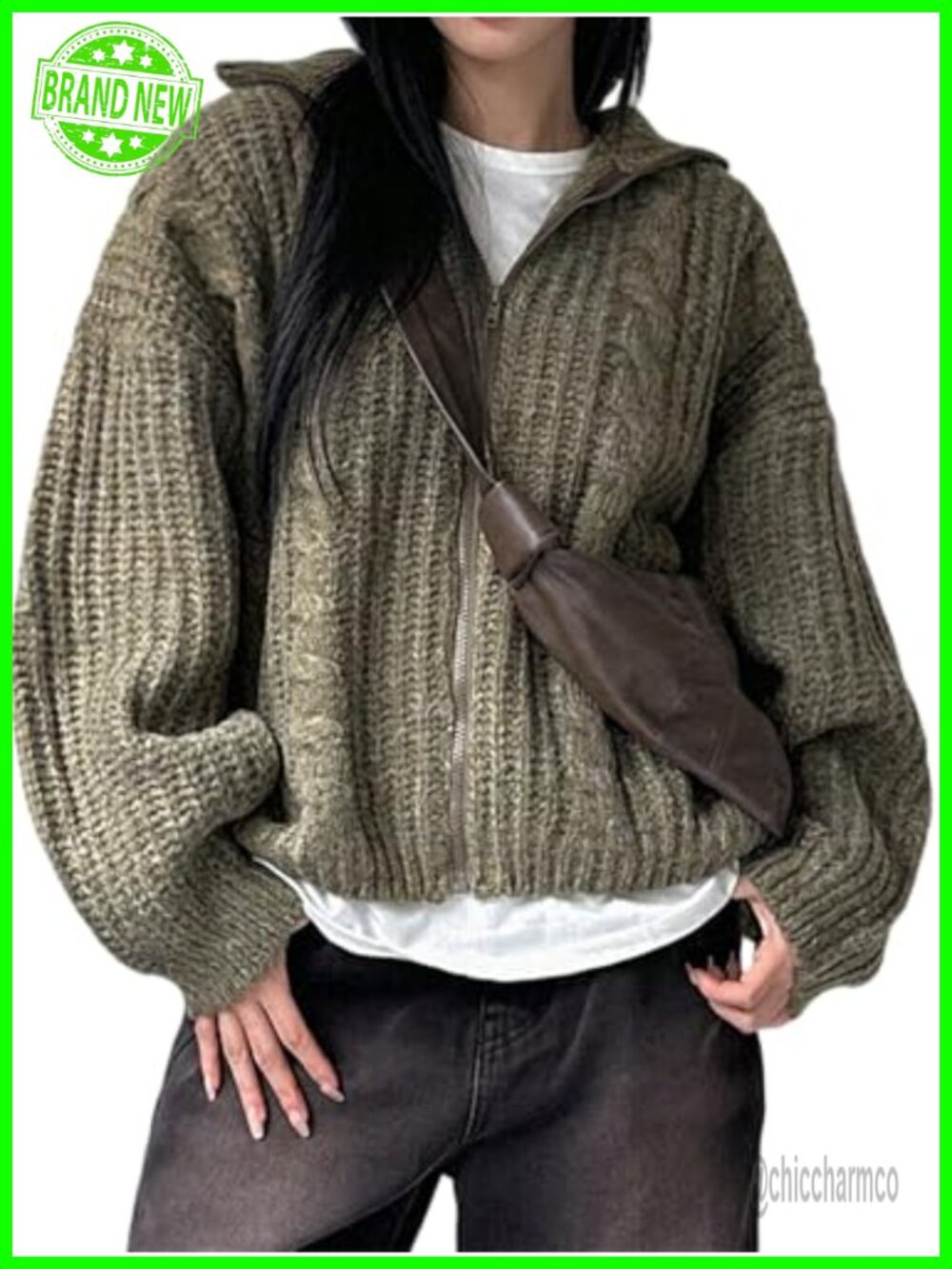 Women's Oversized Chunky Cable Knit Cardigan Sweater with Zipper Collar